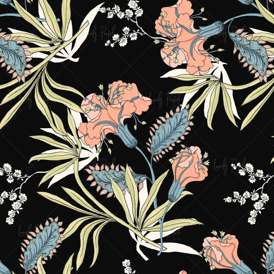 Botanical flowers art licensing pattern LPS109 black