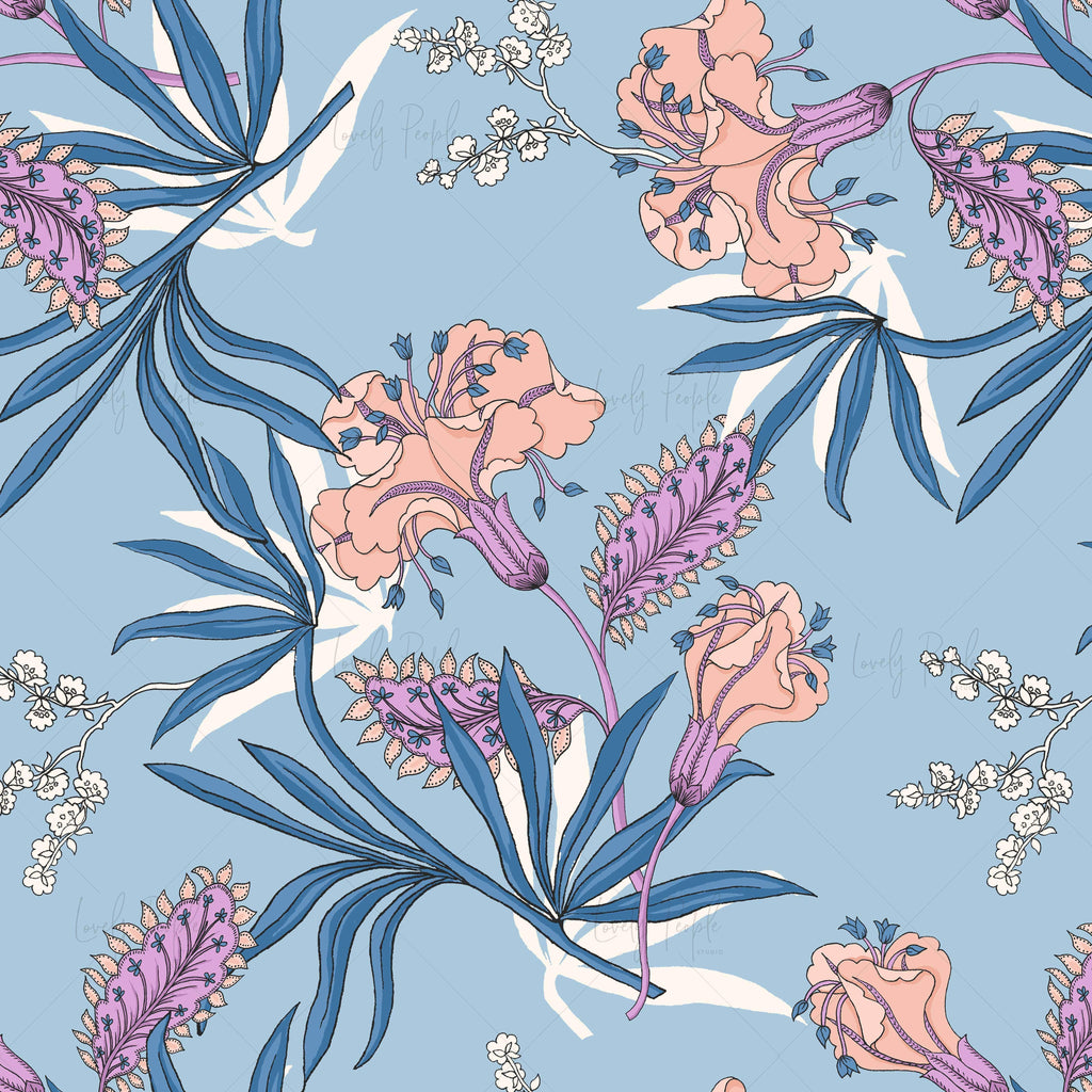 Floral hand drawn fabric pattern LPS109 blue