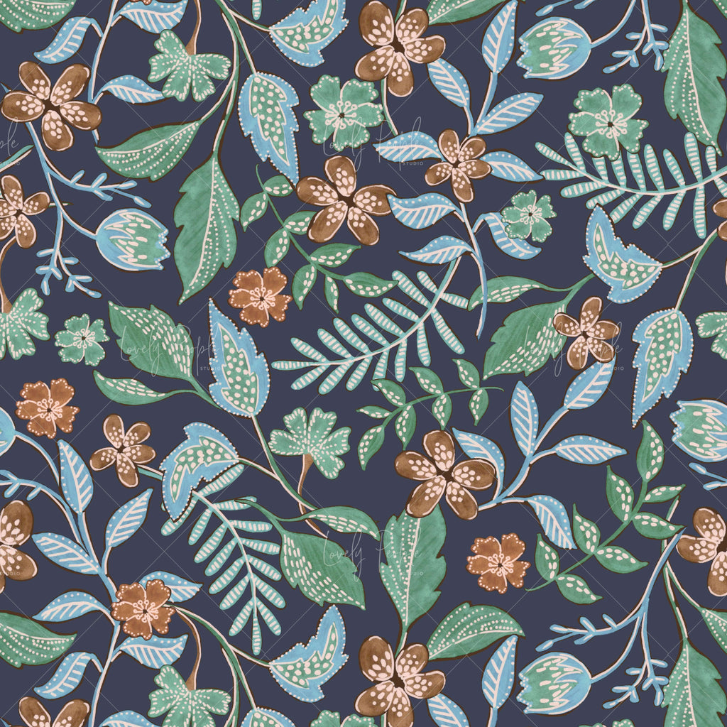 Floral batik textile design for digital printing LPS144 navy