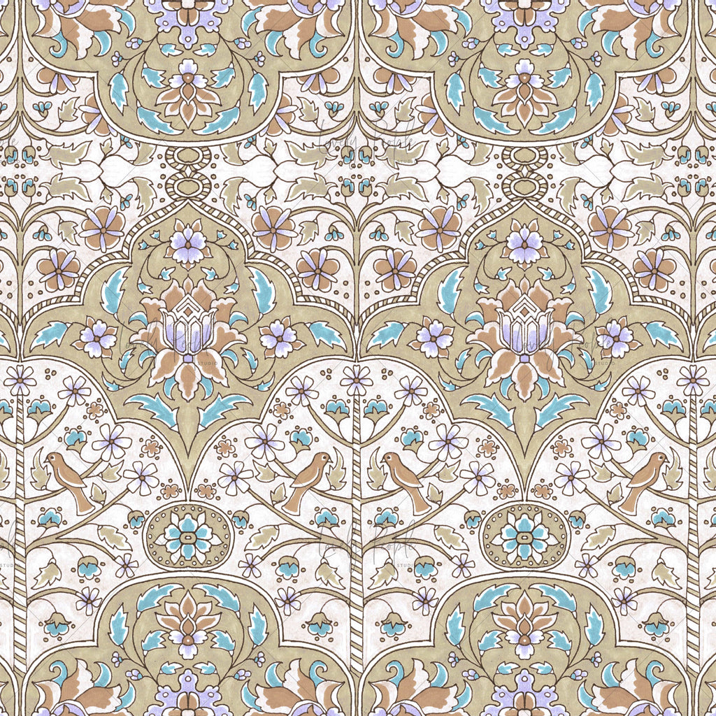 Birds tree of life textile design, LPS145 khaki