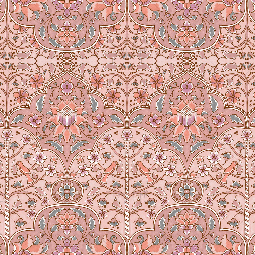 Tree of life with birds and flowers textile design LPS145 dusty pink