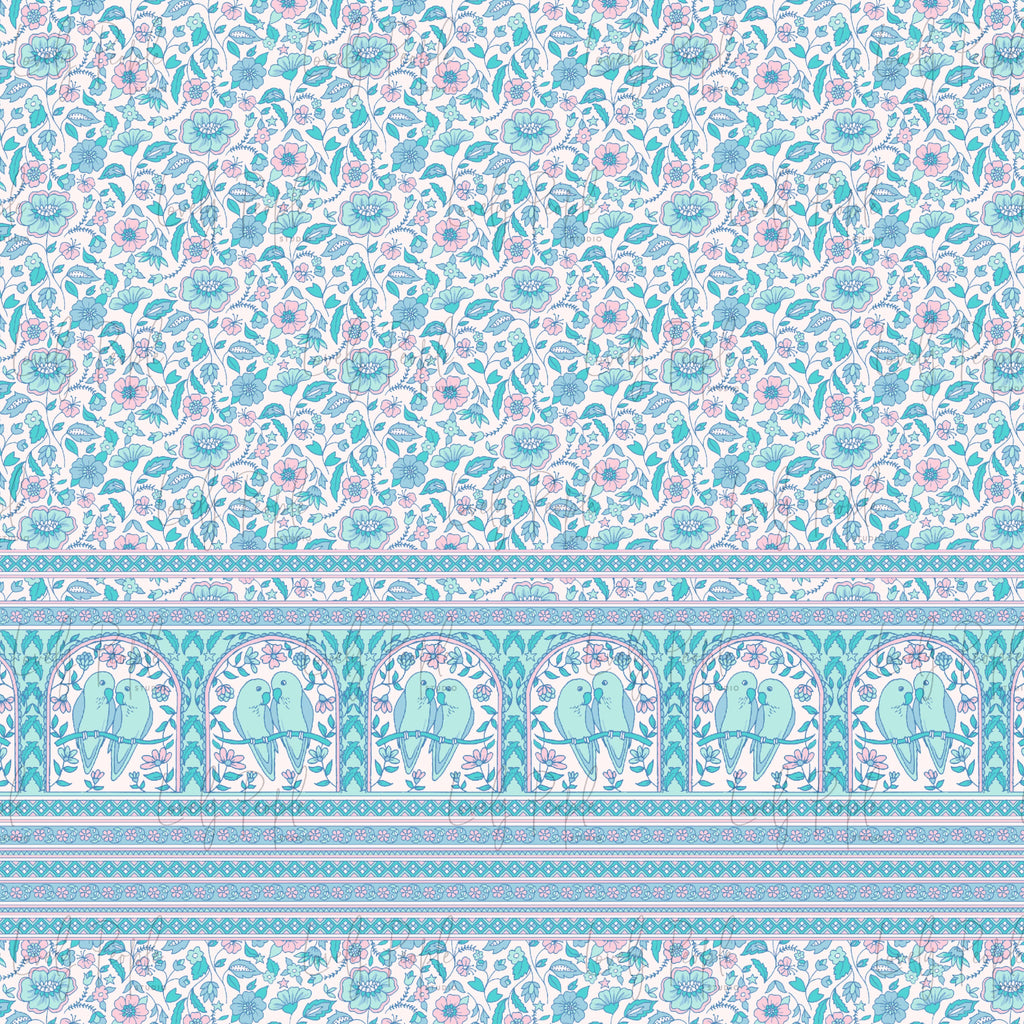 Lovebirds textile design with border, for fabric printing, blue