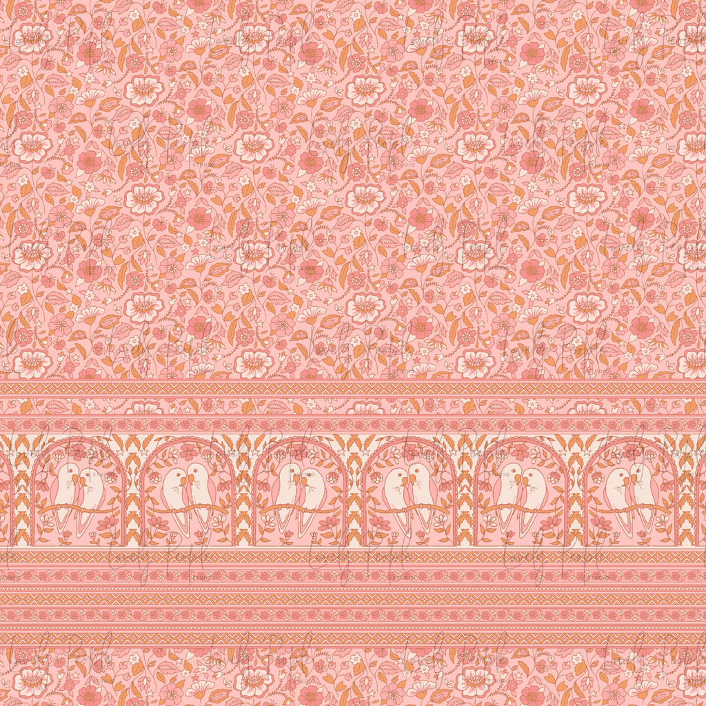 Birds in birdcages bohemian textile design, seamless pattern coral