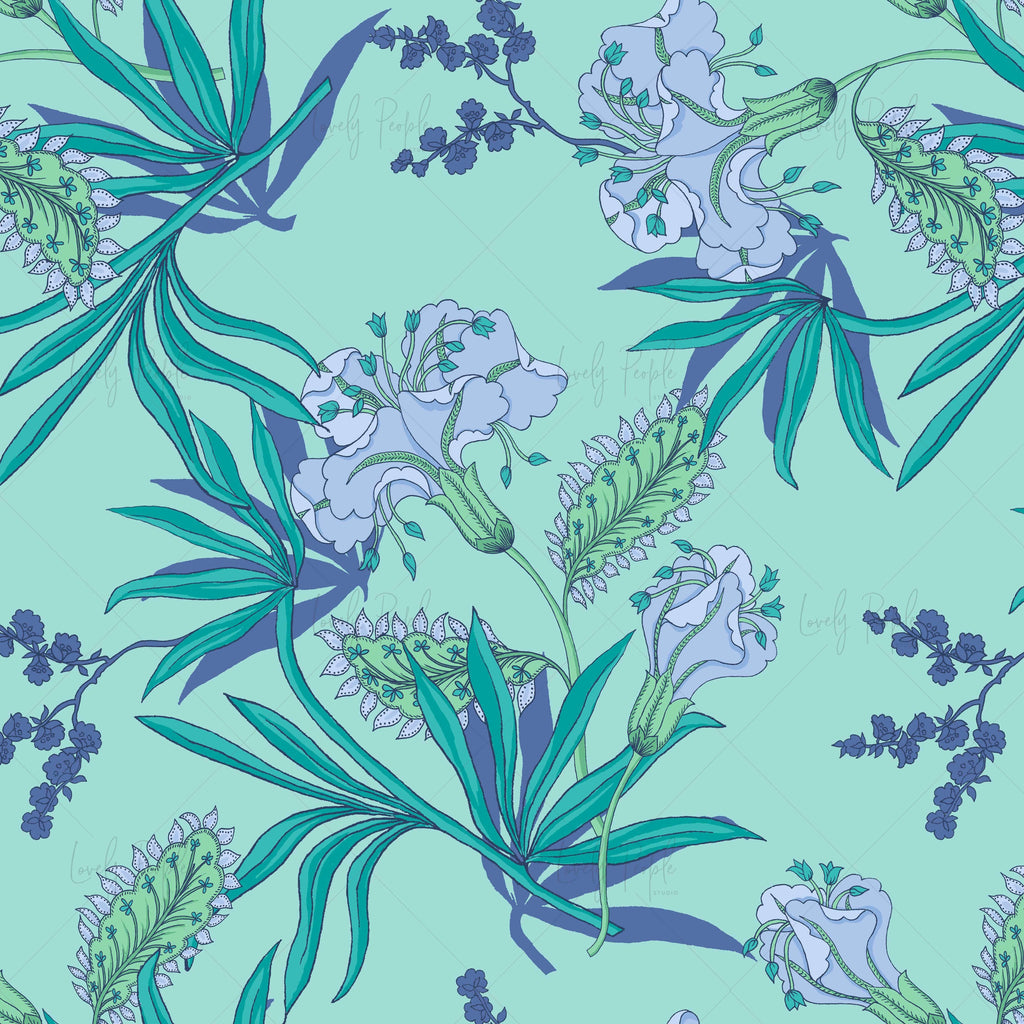 Tropical palms and flowers textile pattern LPS109 aqua