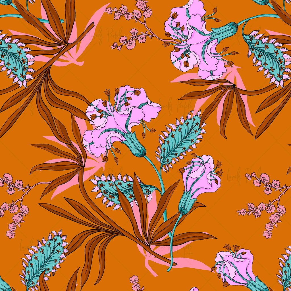 Palms and flowers fabric print LPS109 rust
