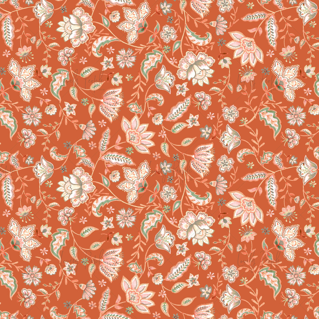 Chintz floral art license for digital printing on fabric, LPS145 rust