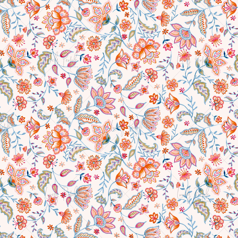 Boho chintz floral textile design LPS145 white