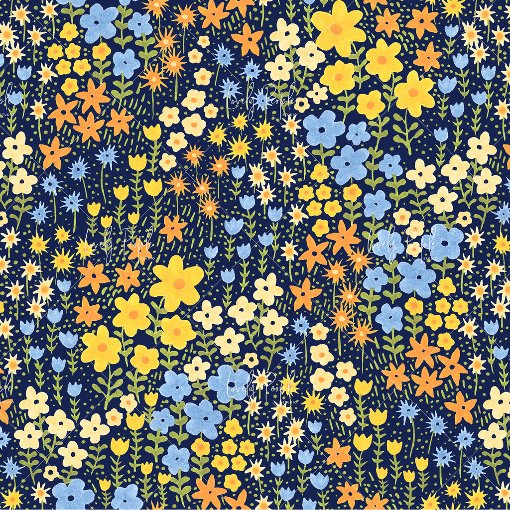 small floral repeat surface pattern design for fabric in navy