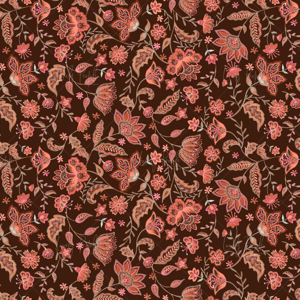 Surface pattern design retro floral for apparel brands, LPS145 brown