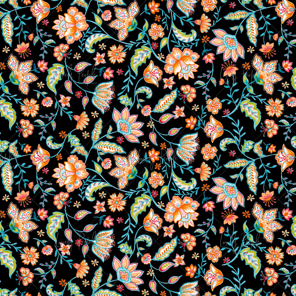Bohemian floral print for swimwear, digital print LPS143 black