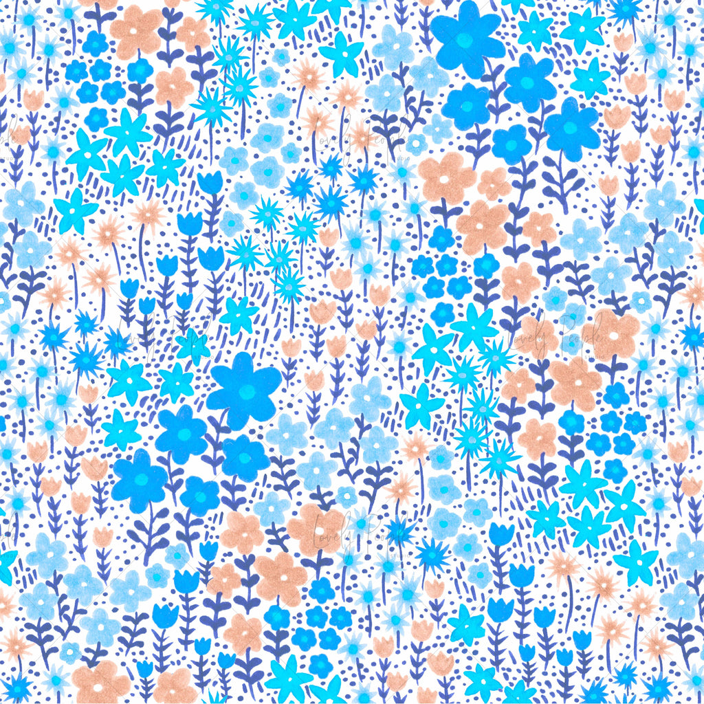 ditsy floral textile design in blue and mustard