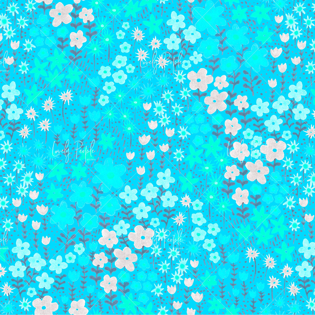 bright floral surface pattern design for fabric in aqua