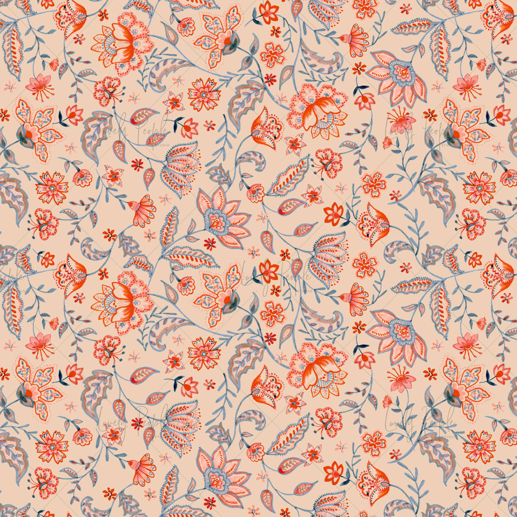 Gypsy bohemian textile design, floral chintz LPS145 latte